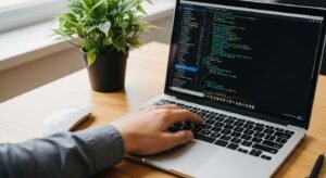 شخص يقوم بعمل تطبيق باستعمال الاكواد على اللابتوب