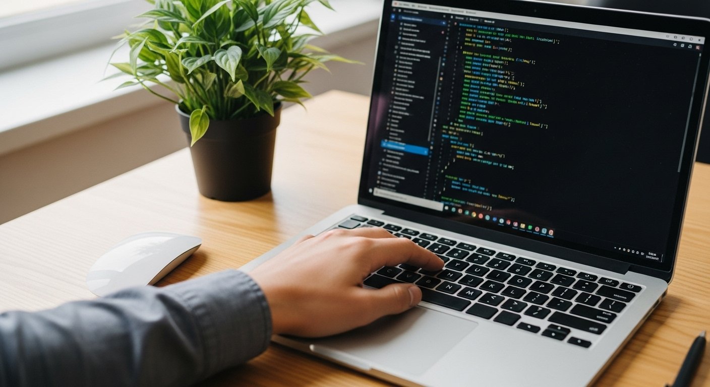 شخص يقوم بعمل تطبيق باستعمال الاكواد على اللابتوب