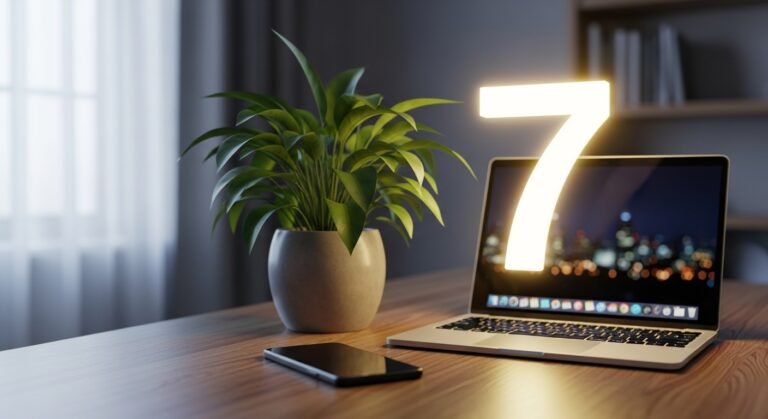 صورة لابتوب وتلفون على طاولة مع رقم 7 امامهم